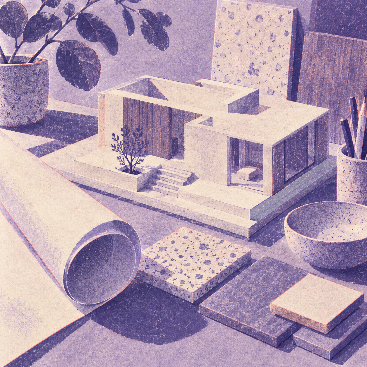 Illustration of interior design atelier: an architectural model, ceramic finishes, rolled plain paper