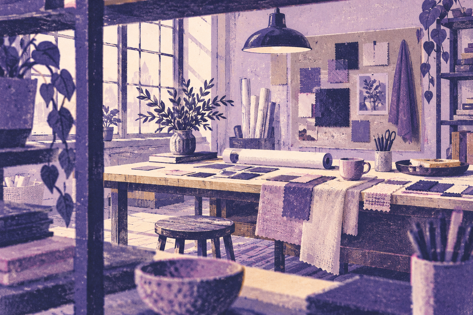 Illustration of interior design atelier: rolled plain paper, a material pinboard without lettering, fabric swatches