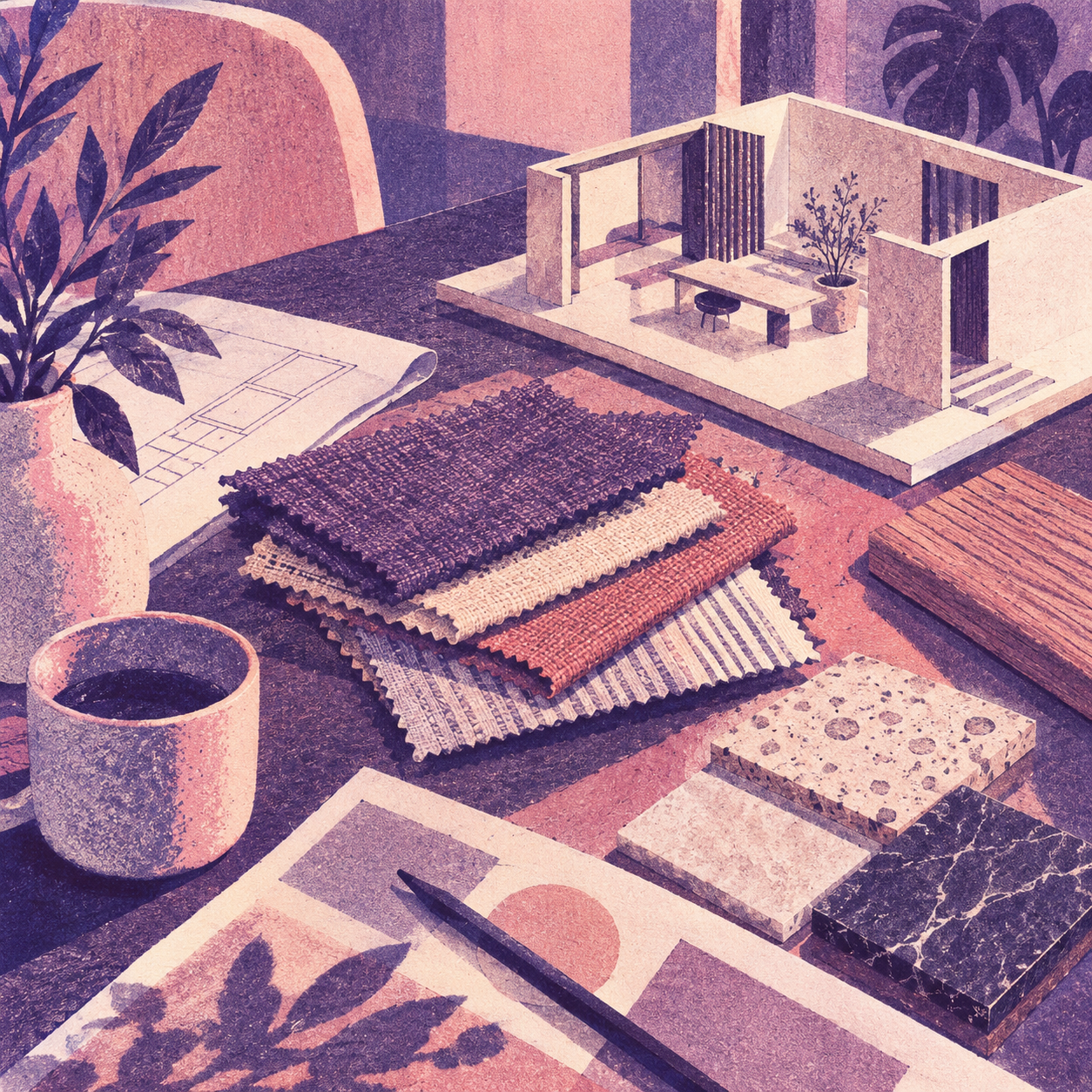 Illustration of interior design atelier: fabric swatches, stone samples, an architectural model